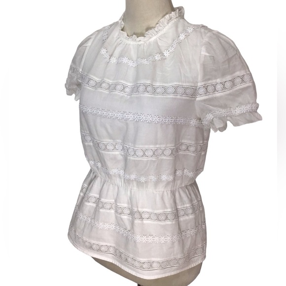 J Crew White Daisy Chain Lace Peplum Puff Sleeve Cotton Blouse Size XS - Picture 3 of 8